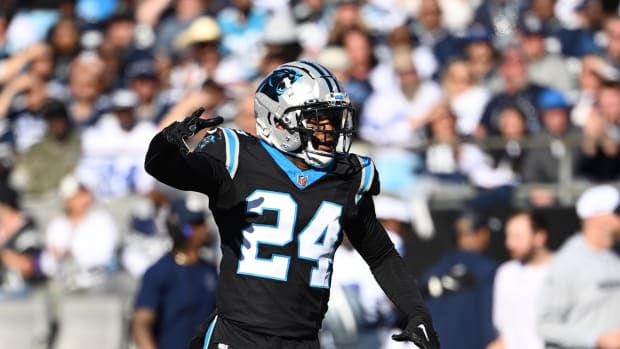 Nov 19, 2023; Charlotte, North Carolina, USA; Carolina Panthers safety Vonn Bell (24) reacts in the second quarter at Bank of America Stadium. Mandatory Credit: Bob Donnan-USA TODAY Sports  
